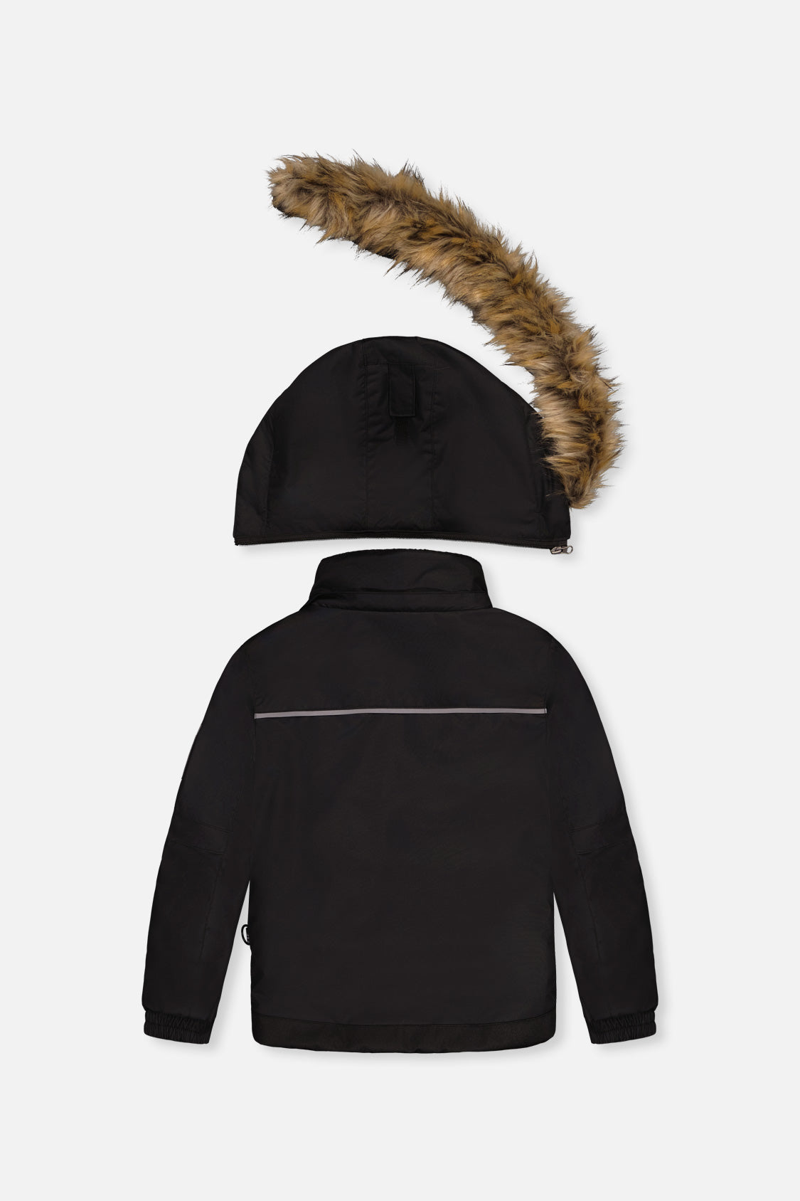 Deux par Deux black PLAY jacket, back view with faux-fur hood detached