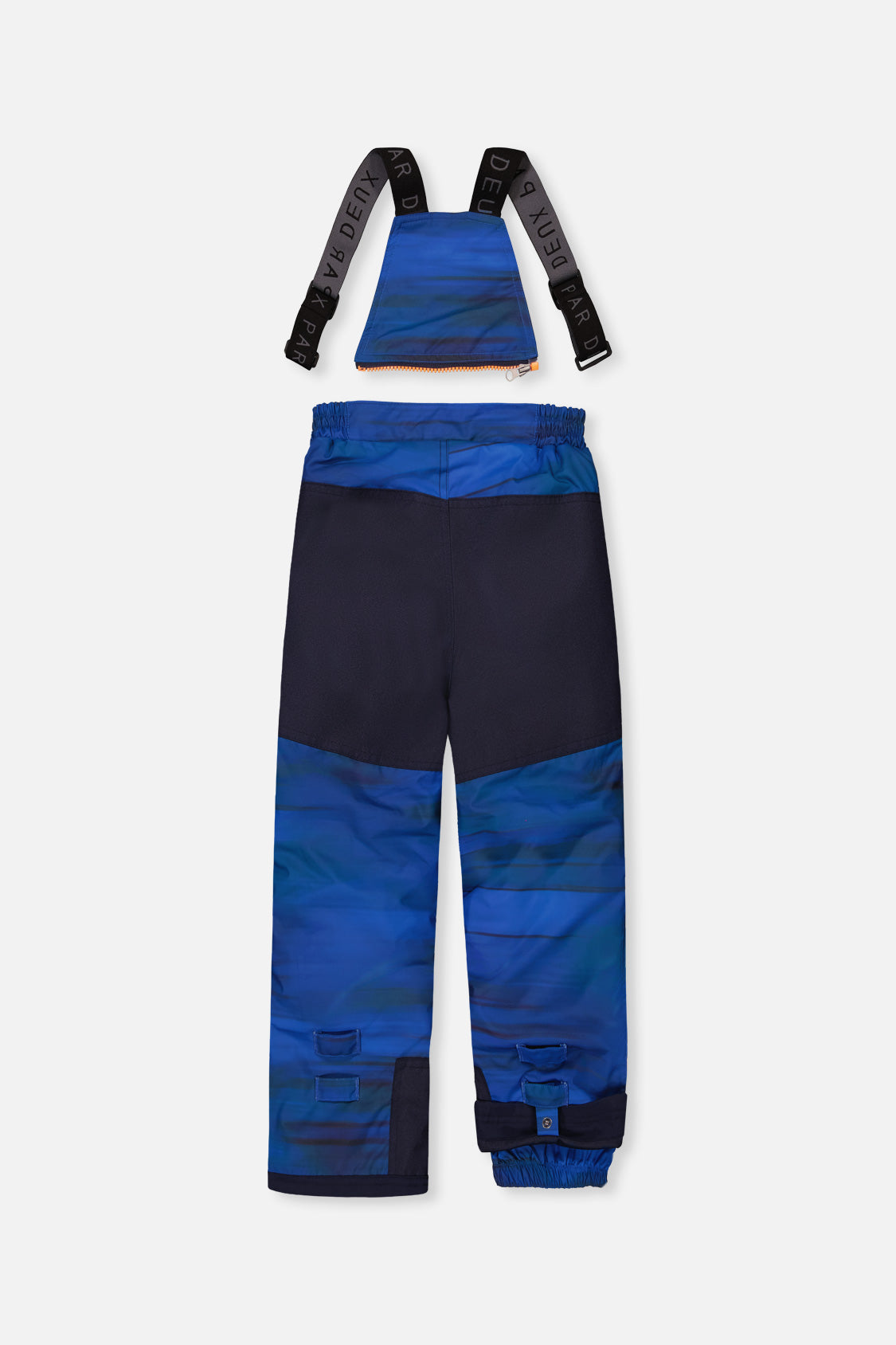 Back view of the blue snow bib pants with navy reinforced seat