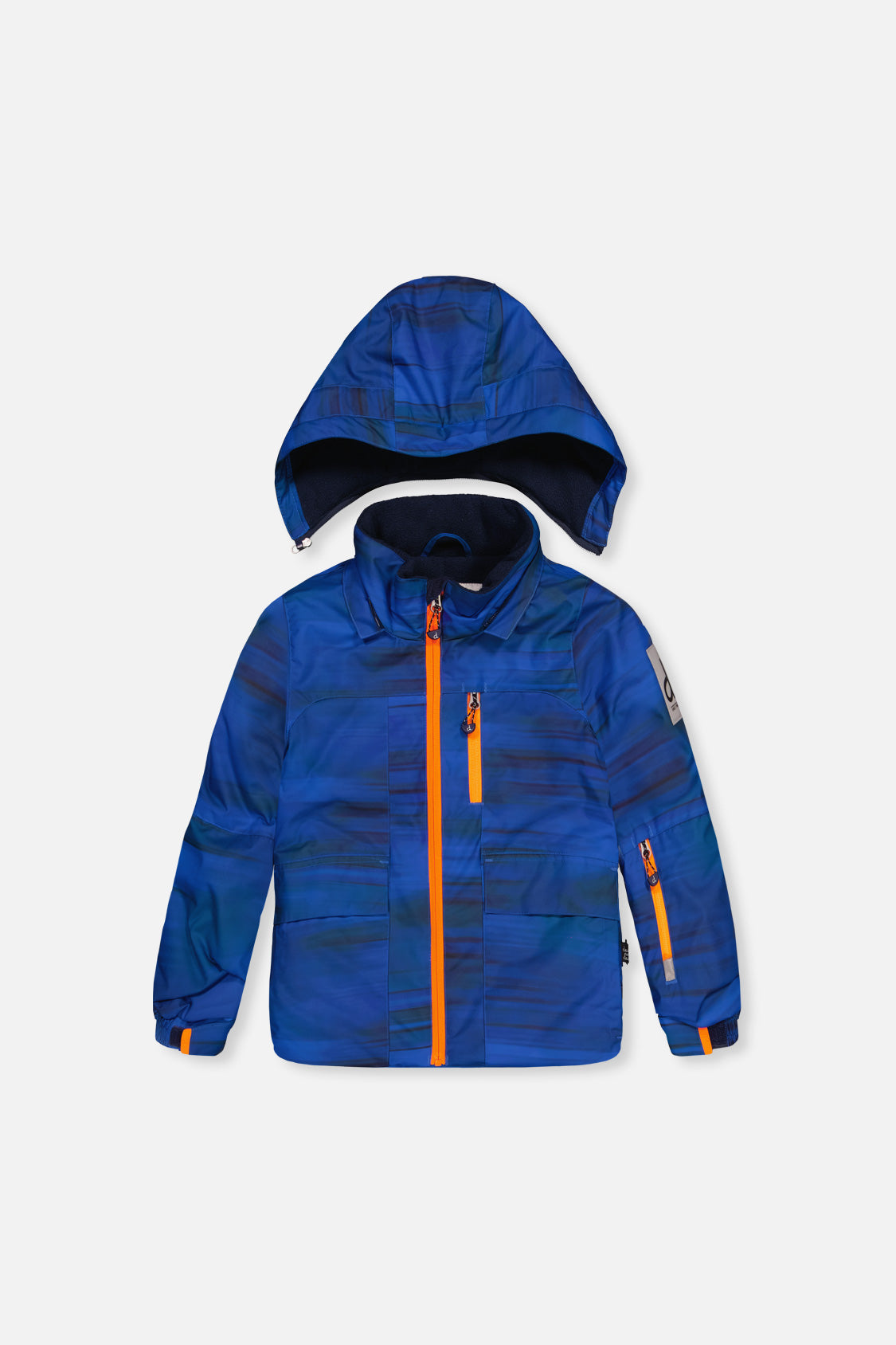 Blue printed PLAY jacket with orange zipper and hood, front view