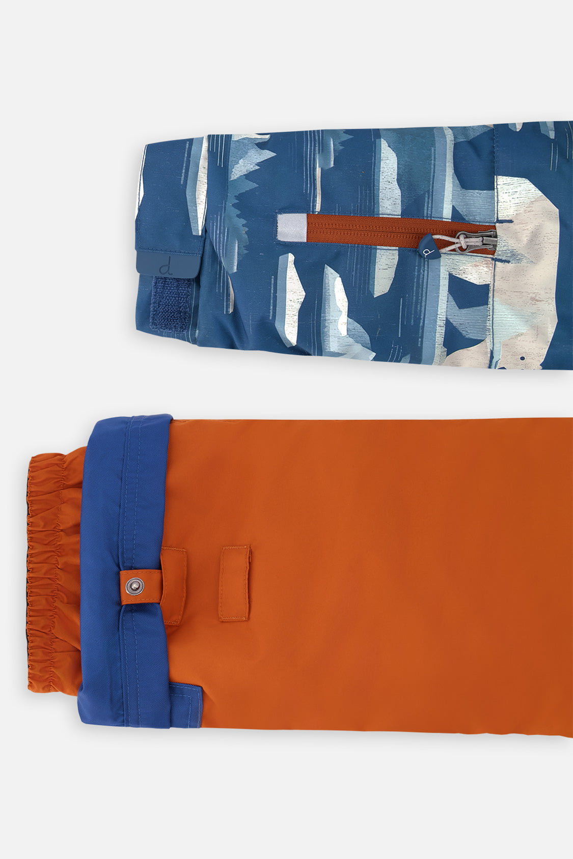 Deux par Deux boys' PLAY snowsuit with blue bear-print jacket and rust snow pants, alternate studio shot