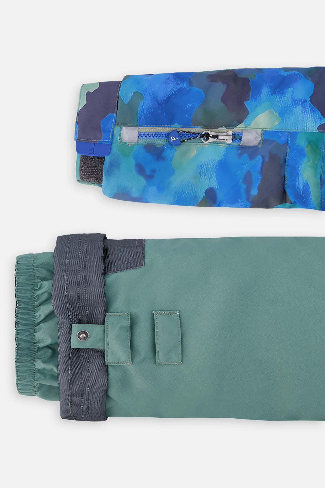 Deux par Deux boys' PLAY snowsuit, blue camouflage jacket with green pants, alternate studio shot