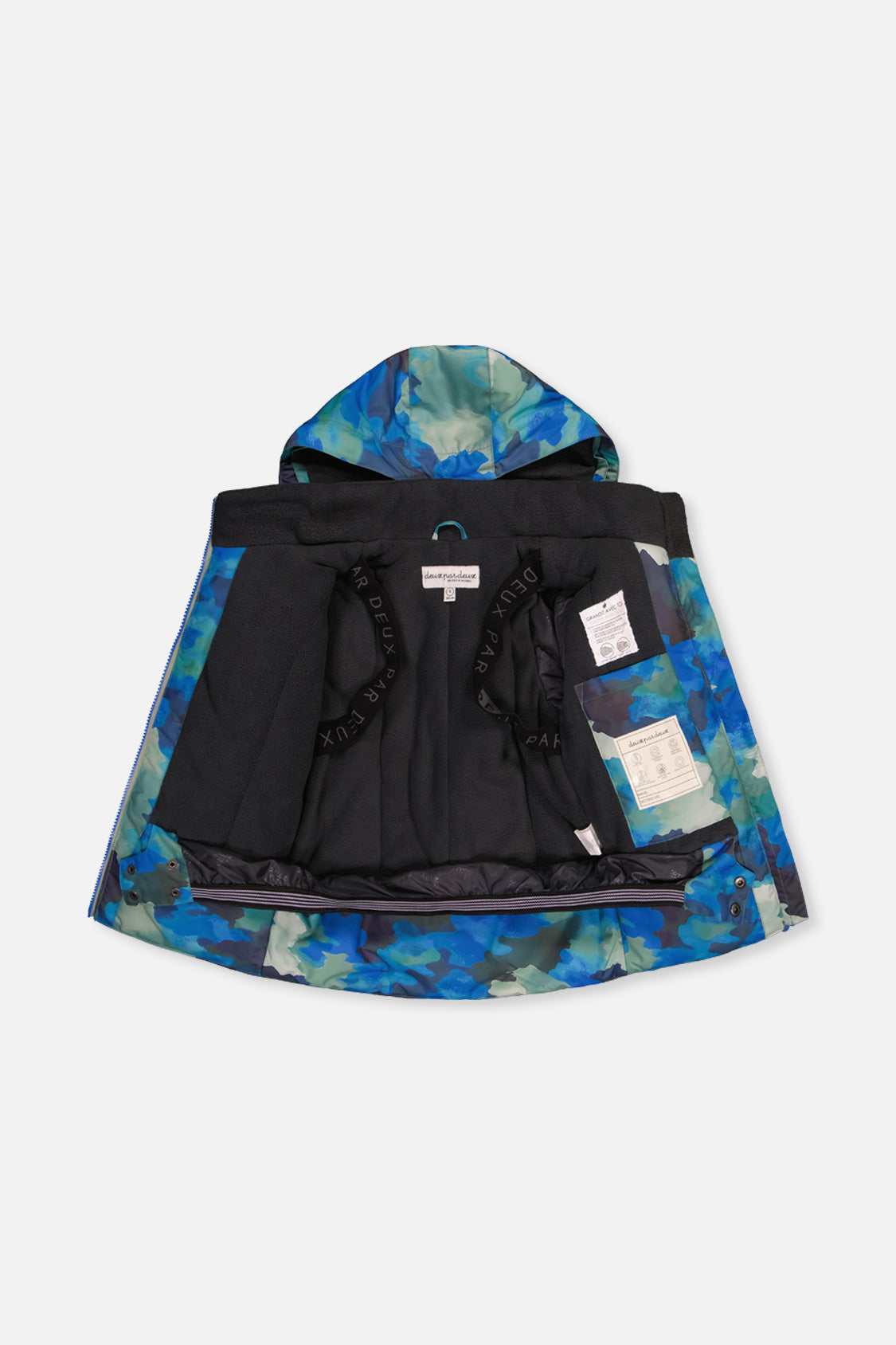 Deux par Deux boys' PLAY snowsuit, blue camouflage jacket with green pants, additional angle