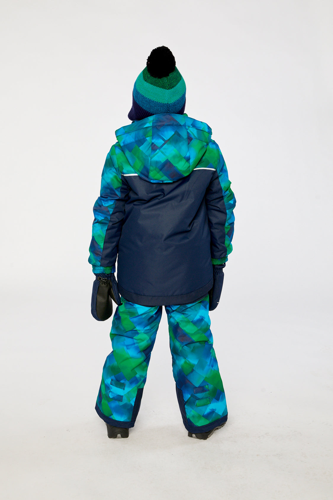 Child wearing the Deux par Deux blue and green checkered PLAY snowsuit, lookbook photo 3