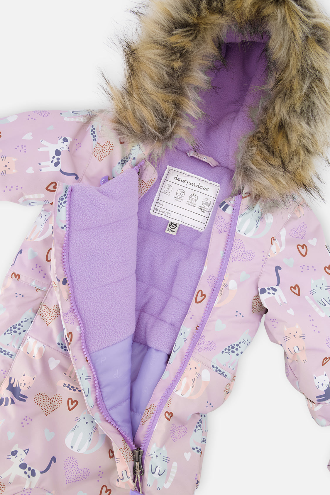 Close-up of the faux-fur trimmed hood and fleece-lined chest of the purple cat print snowsuit