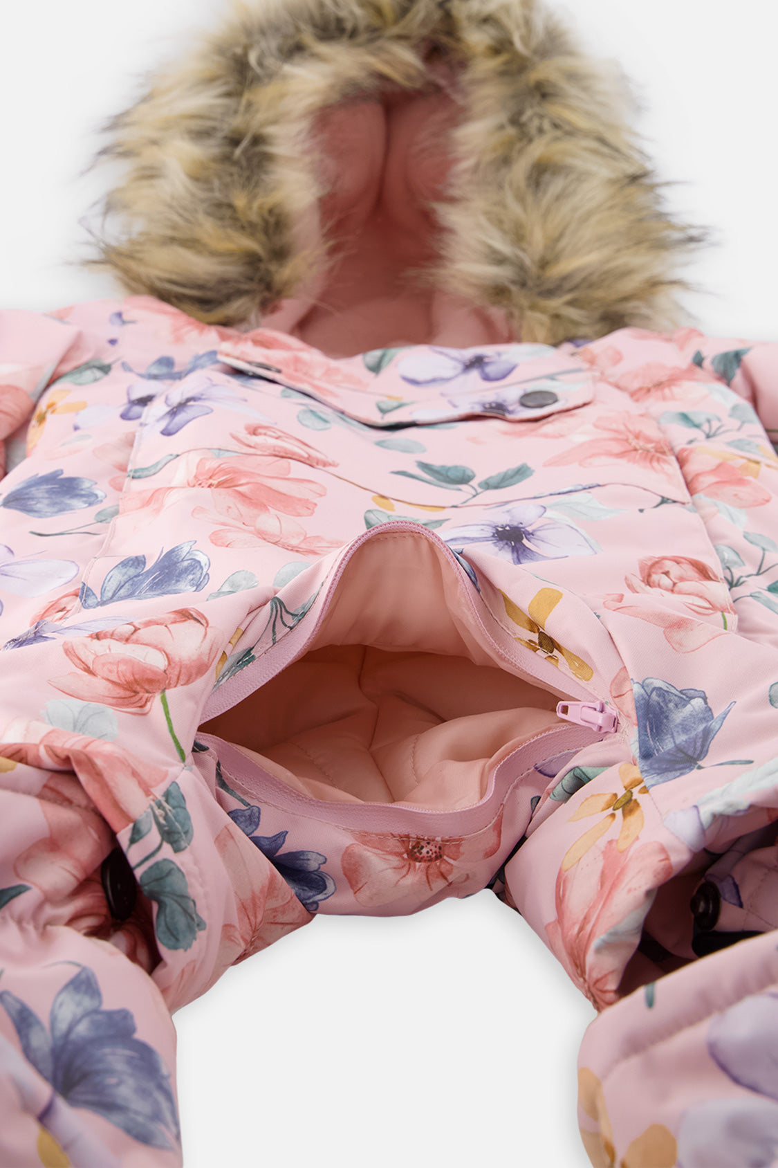 Crotch zipper opened for the car seat buckle on the pink floral print baby snowsuit