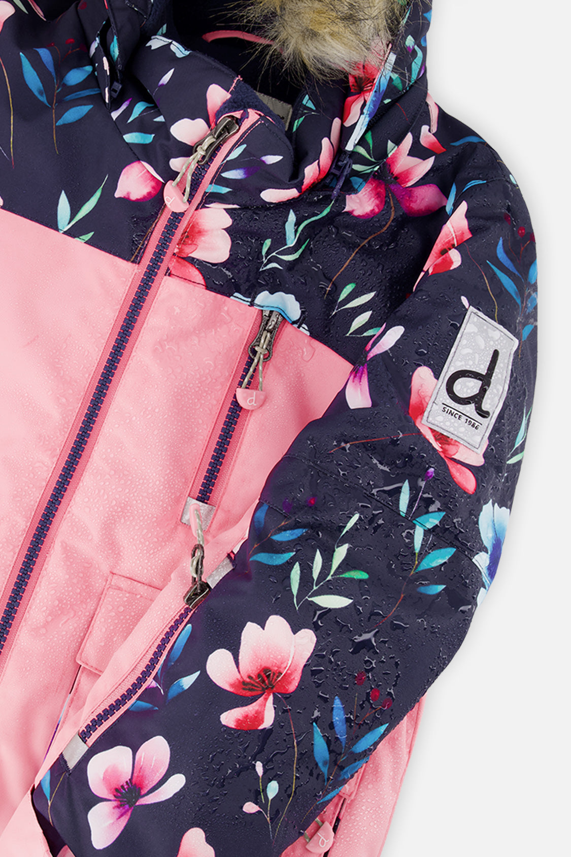 Deux par Deux girls' PLAY snowsuit, pink colorblock and floral print, additional studio angle