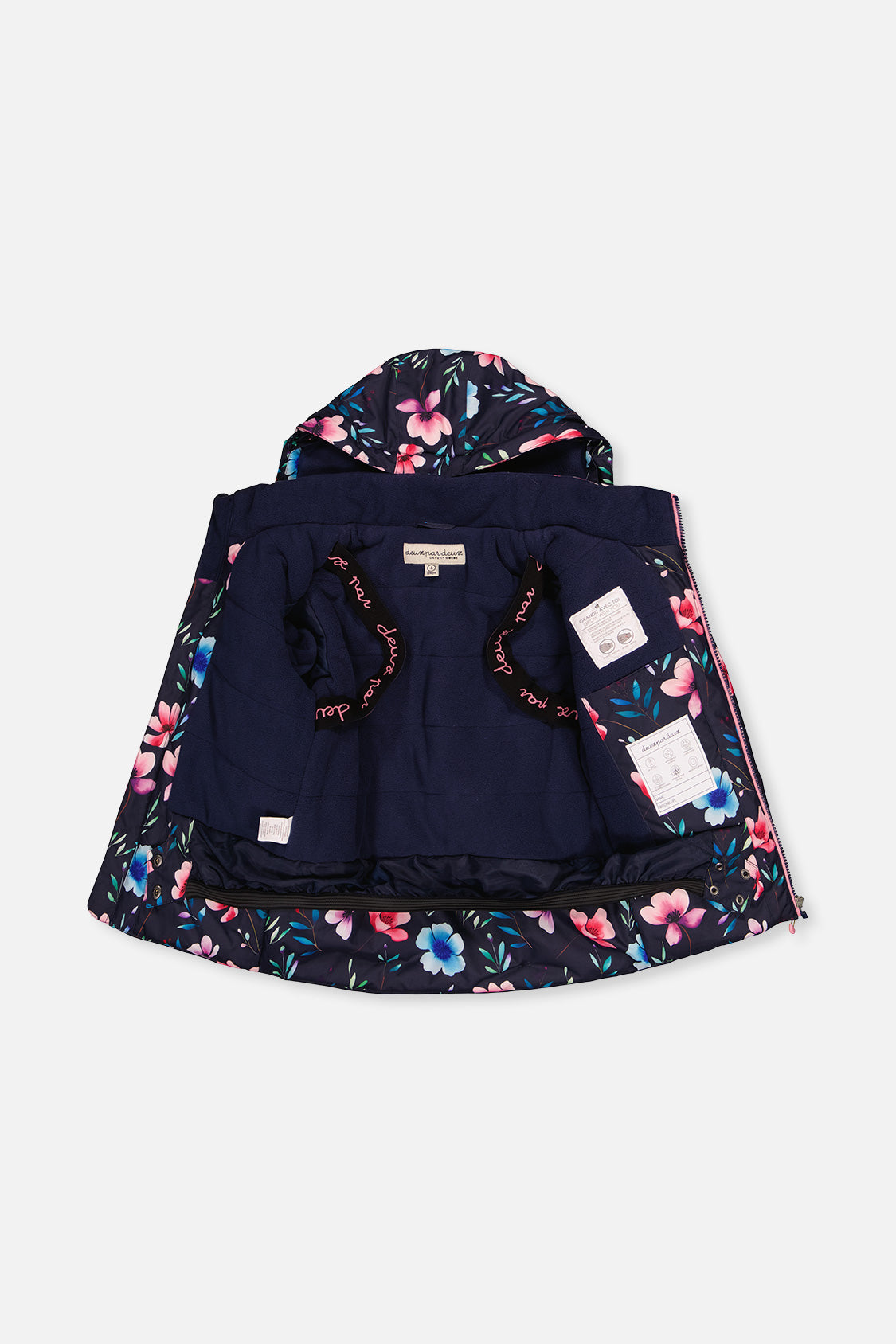Navy floral PLAY jacket opened to show the fleece lining