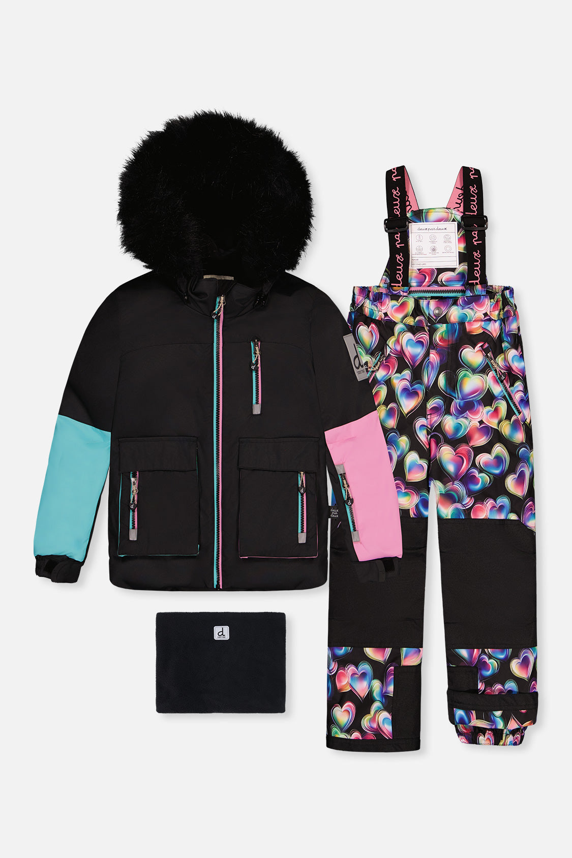 Two Piece Play Snowsuit Black, Blue And Pink Colorblock With Heart Print Pants-0