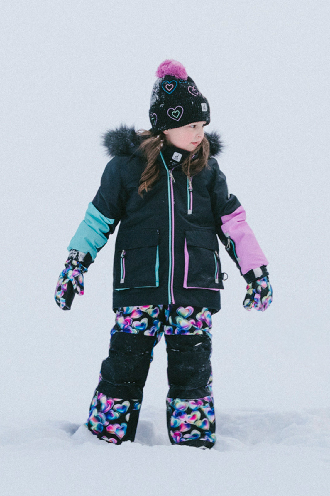 Two Piece Play Snowsuit Black, Blue And Pink Colorblock With Heart Print Pants-2