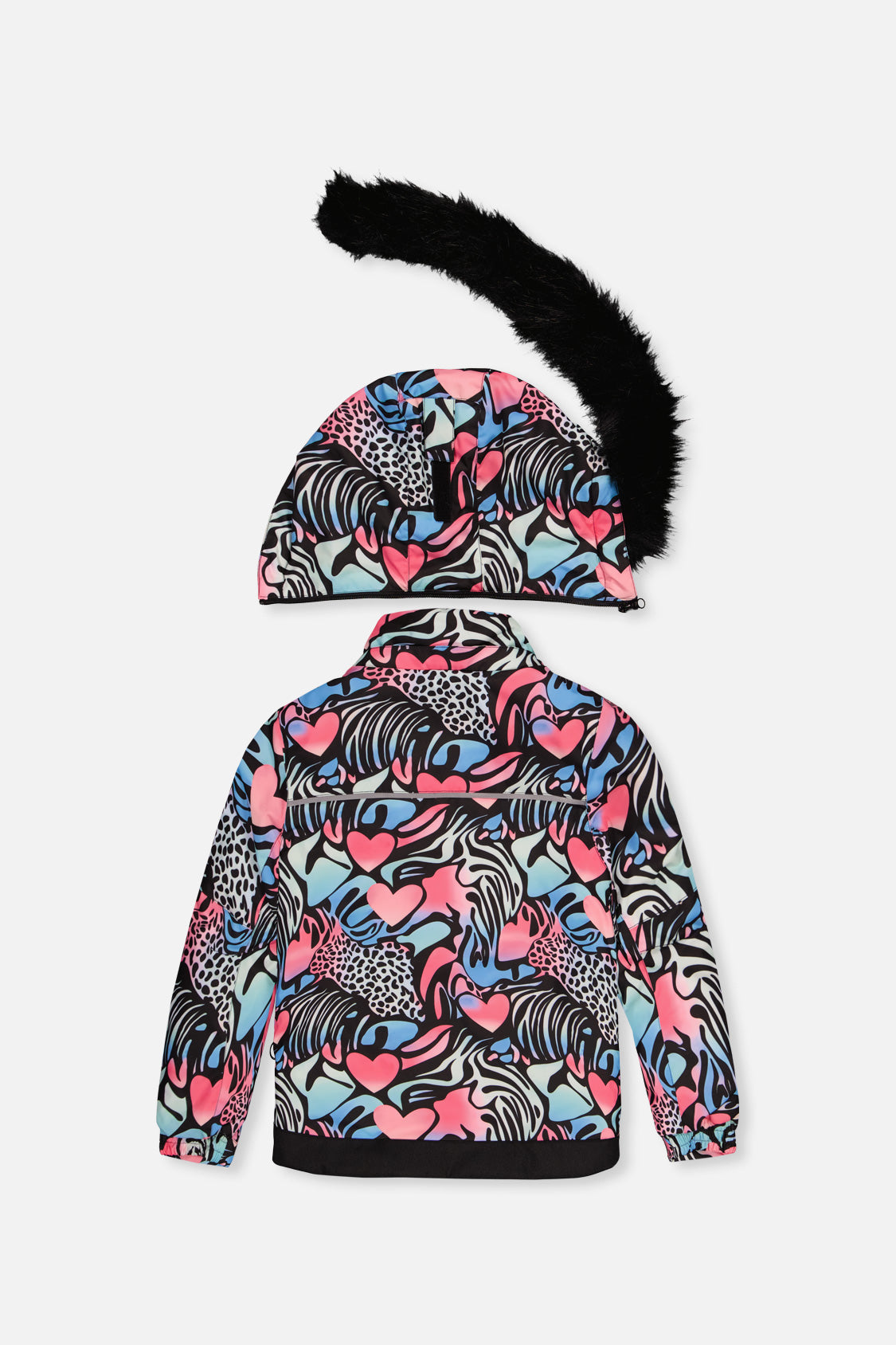 Deux par Deux girls' PLAY snowsuit, black zebra-print jacket with pink pants, alternate view