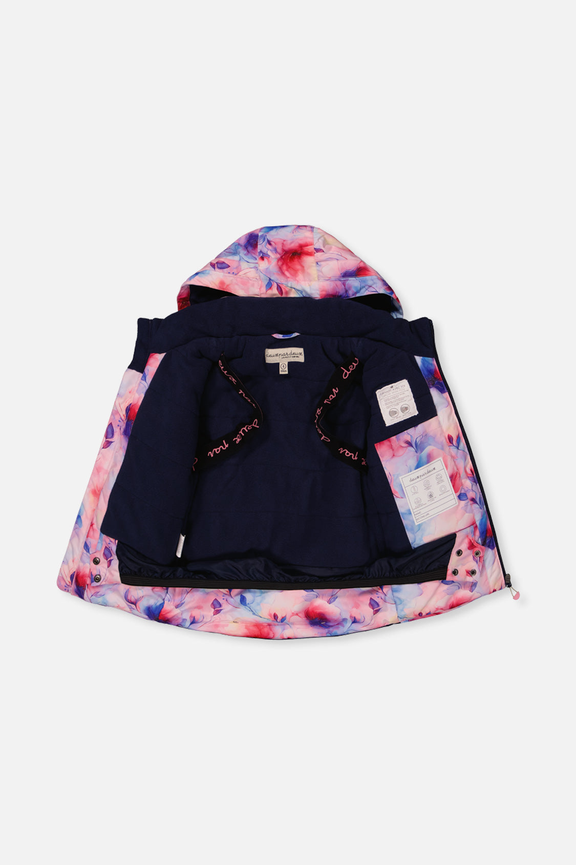 Mauve floral PLAY jacket opened to show the navy lining and inside straps