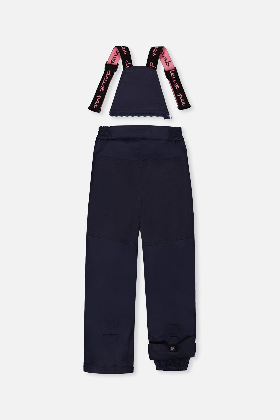 Navy PLAY snow pants with suspenders, back view