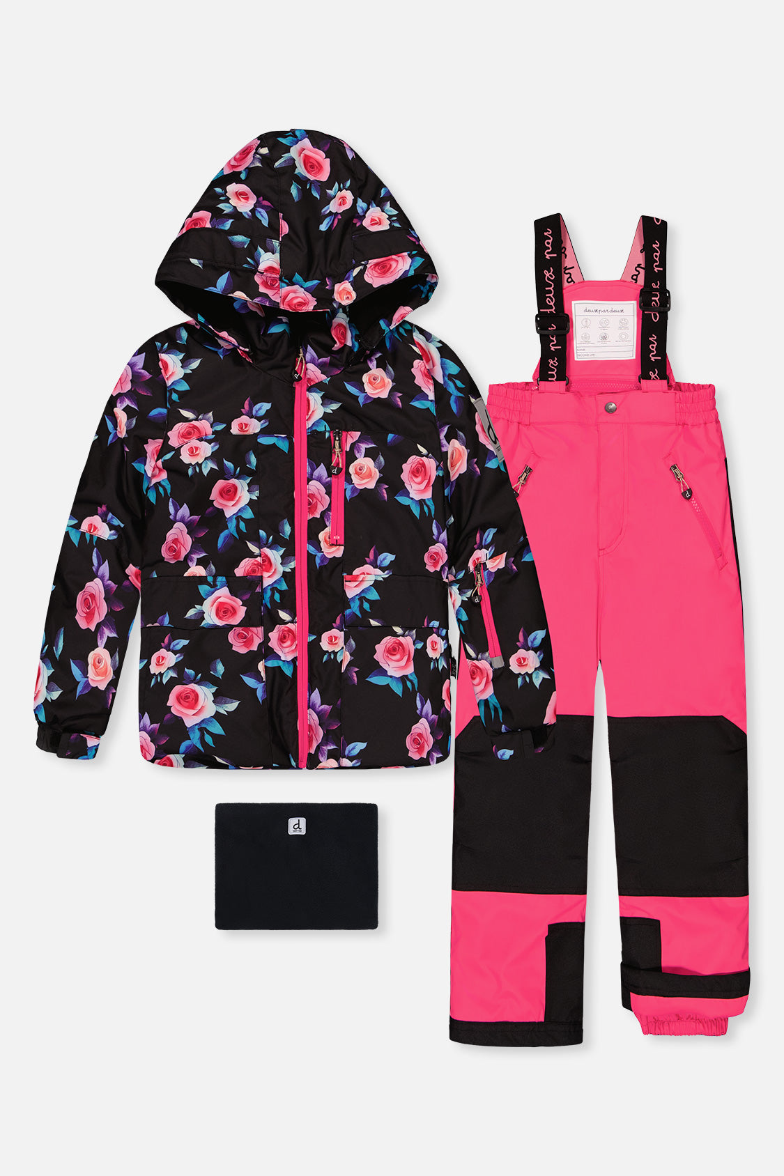 Two Piece Play Snowsuit Black Rose Print With Pink Pants-0