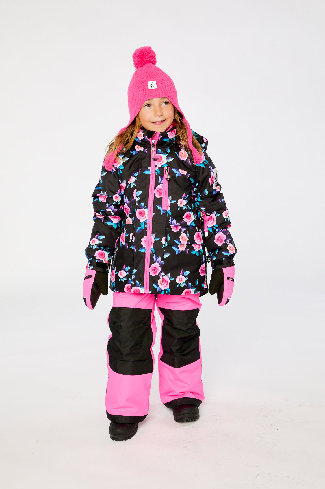 Two Piece Play Snowsuit Black Rose Print With Pink Pants-1