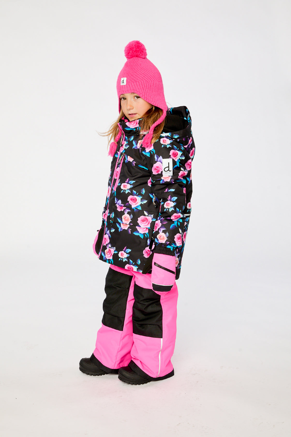 Two Piece Play Snowsuit Black Rose Print With Pink Pants-2