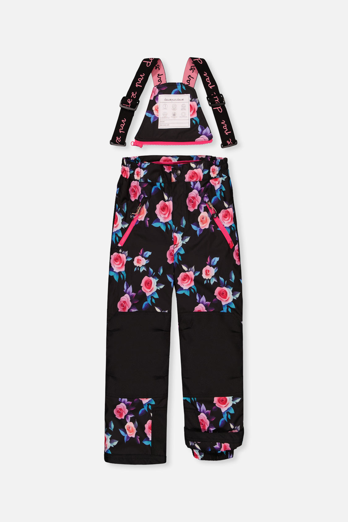 Deux par Deux girls' PLAY two-piece snowsuit in black rose print, another studio view
