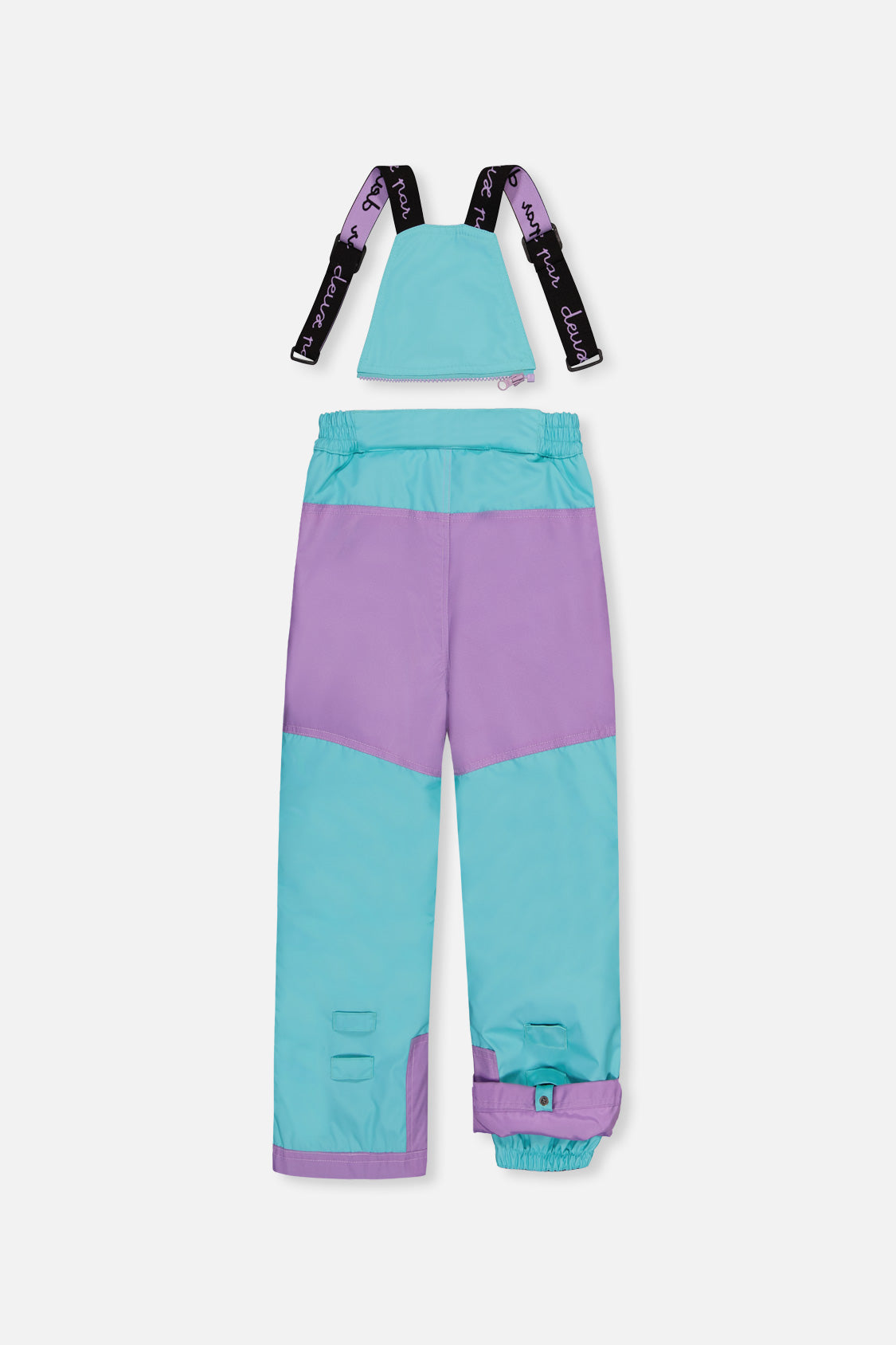 Deux par Deux girls' PLAY snowsuit with diamond-print jacket and turquoise and purple pants, alternate angle