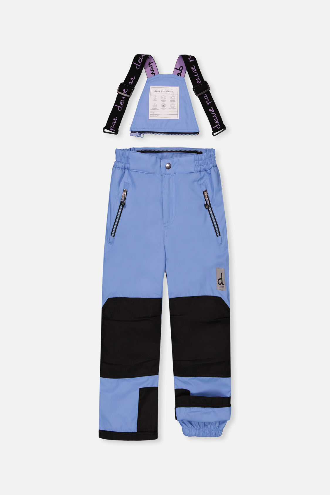 Deux par Deux girls' PLAY snowsuit with pink mountain-print jacket and blue snow pants, another studio view