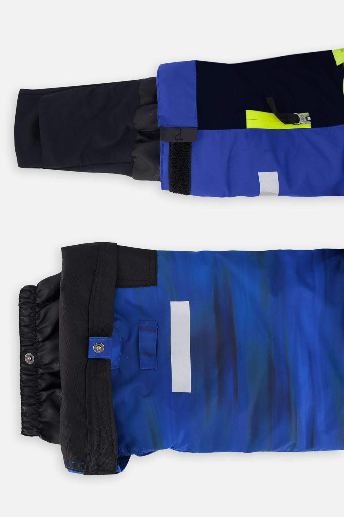 Deux par Deux boys' TEKNIK two-piece snowsuit in royal blue and yellow, another product angle