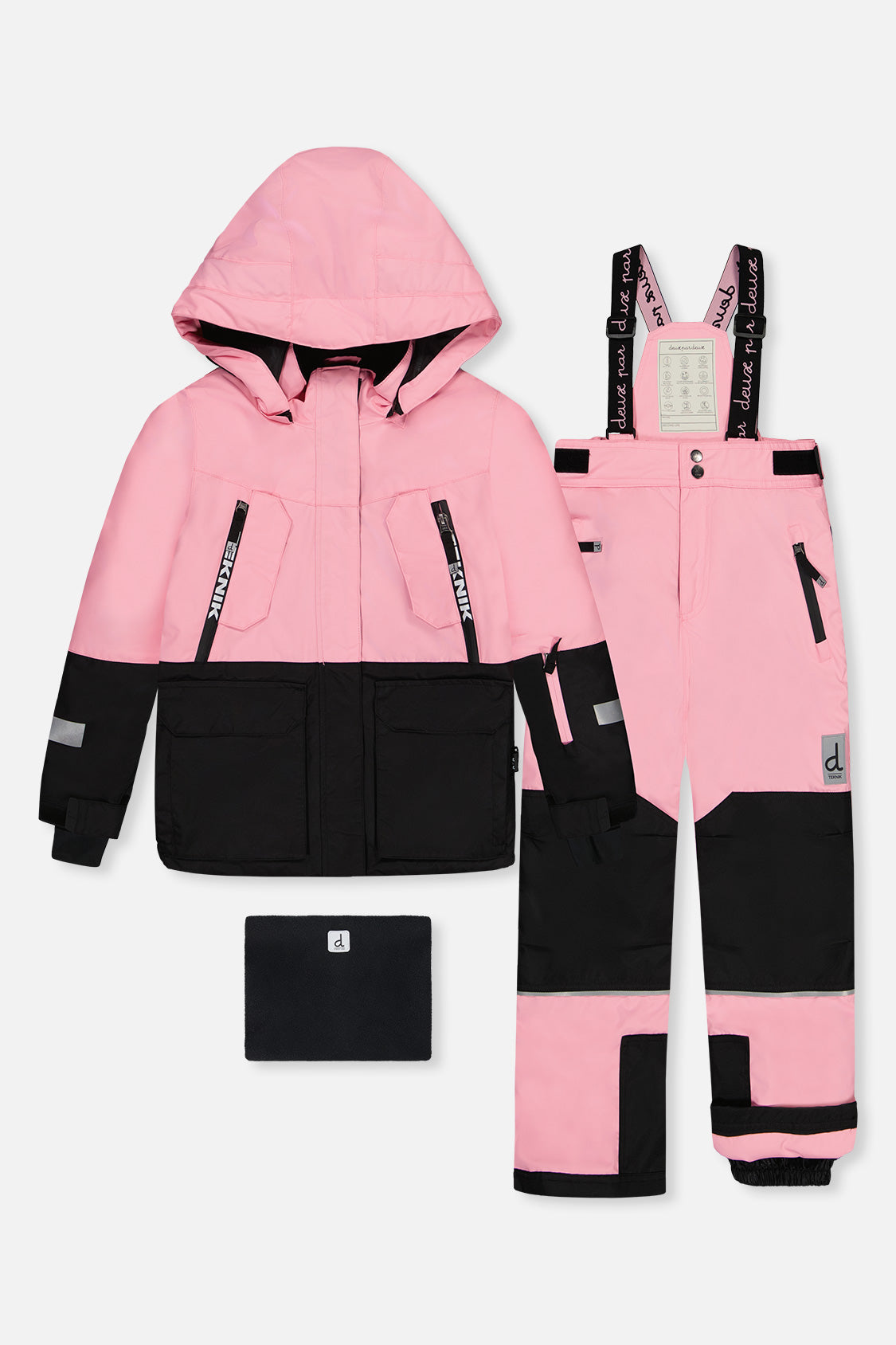 Deux par Deux girls' Teknik two-piece snowsuit in pink, jacket and snow pants front view