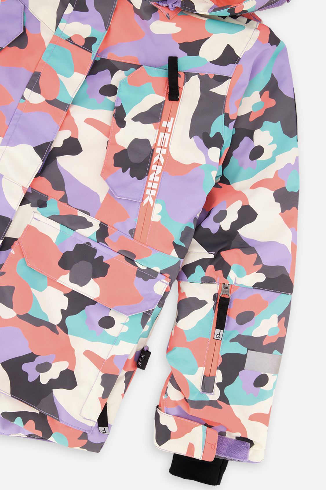 Deux par Deux girls' Teknik two-piece snowsuit in coral camouflage print with lilac panels – jacket detail close-up