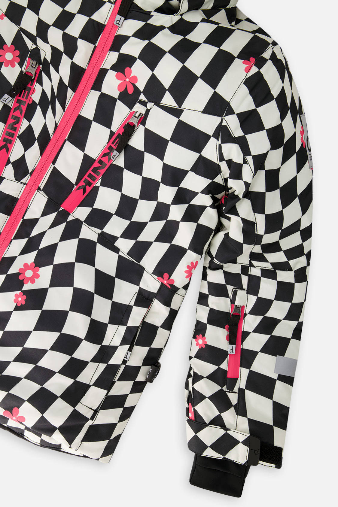 Deux par Deux girls' TEKNIK two-piece snowsuit in bright pink checkered print, additional studio angle