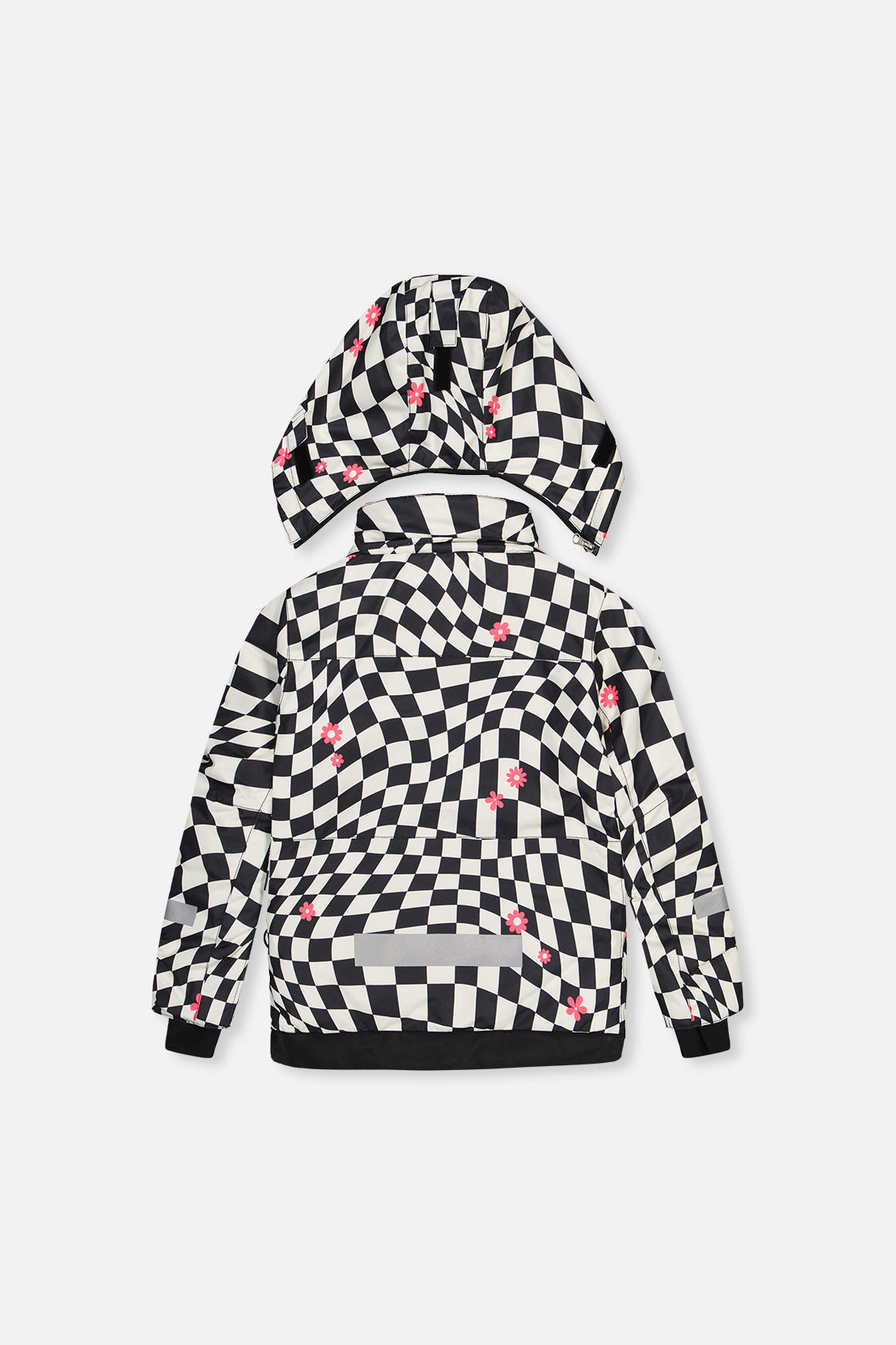 Deux par Deux girls' TEKNIK two-piece snowsuit in white and bright pink checkered print, alternate view