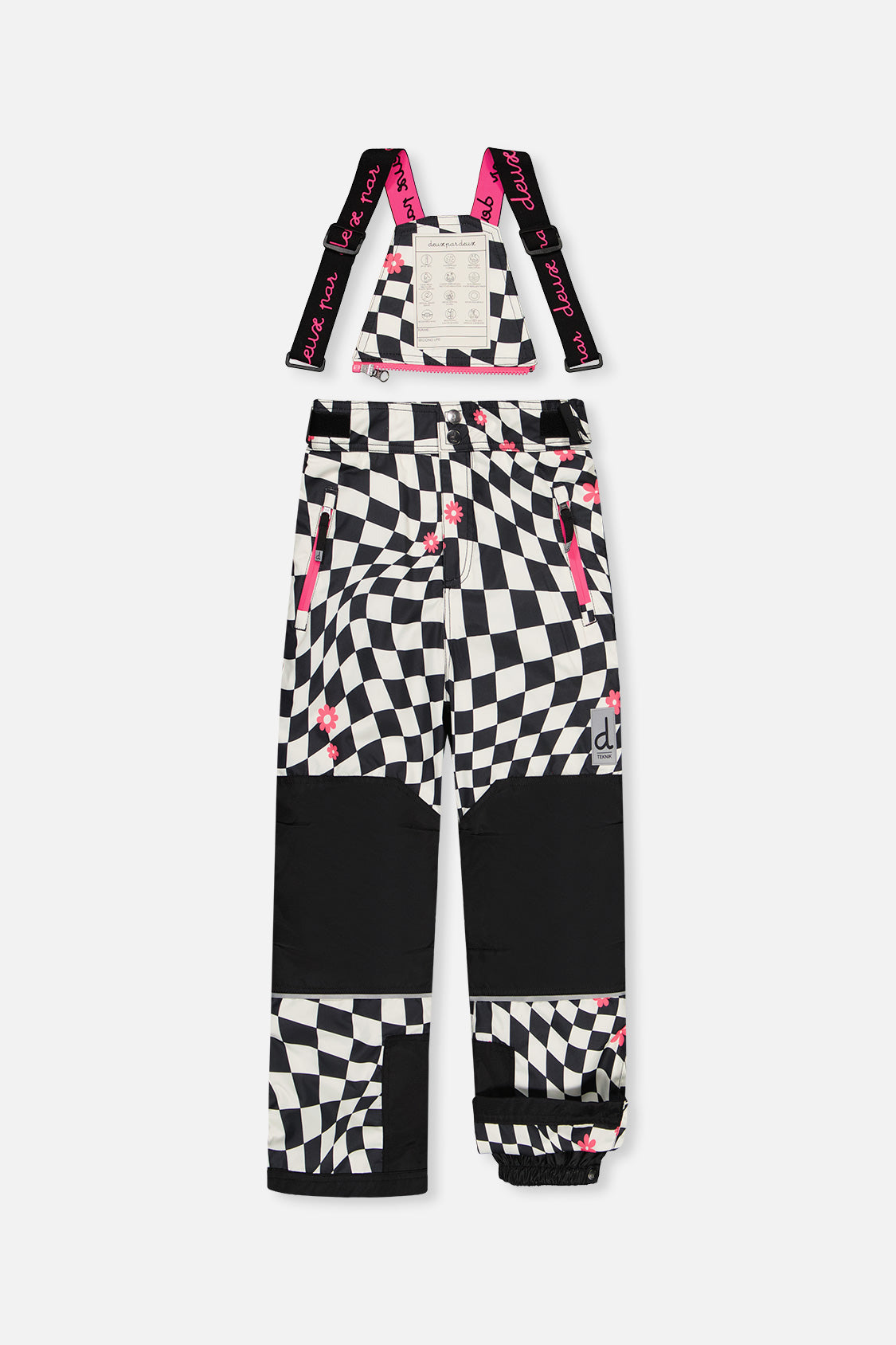 Deux par Deux girls' TEKNIK two-piece snowsuit in white and bright pink checkered print, another studio view