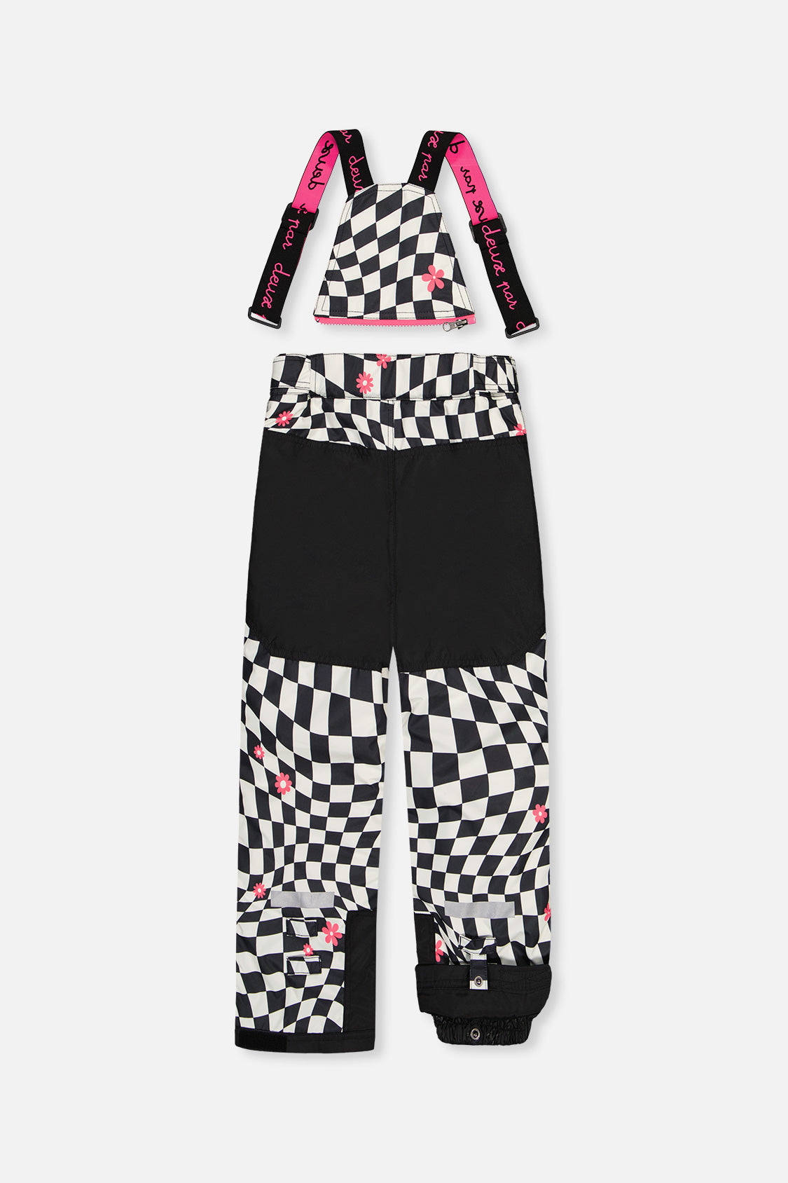 Deux par Deux girls' TEKNIK two-piece snowsuit in white and bright pink checkered print, alternate angle