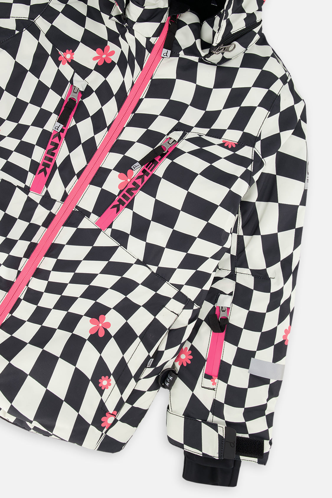 Deux par Deux girls' TEKNIK two-piece snowsuit in white and bright pink checkered print, additional studio angle