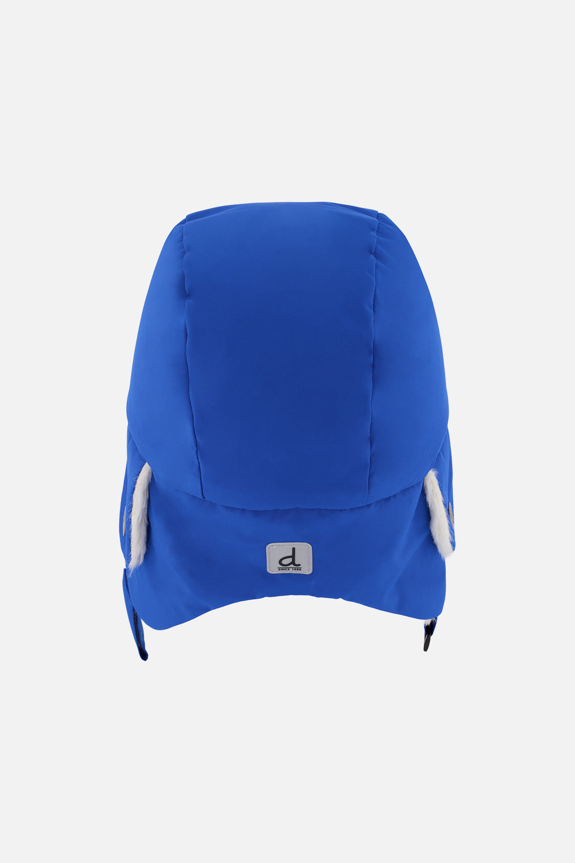 Blue Deux par Deux lined chapka trapper hat, flat lay back view with a small square label