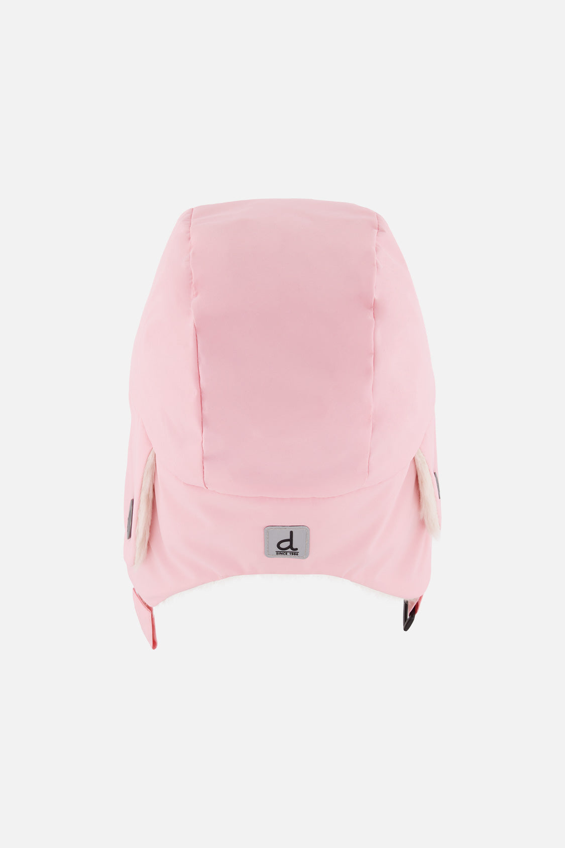 Light pink Deux par Deux lined chapka trapper hat, flat lay back view with a small square label