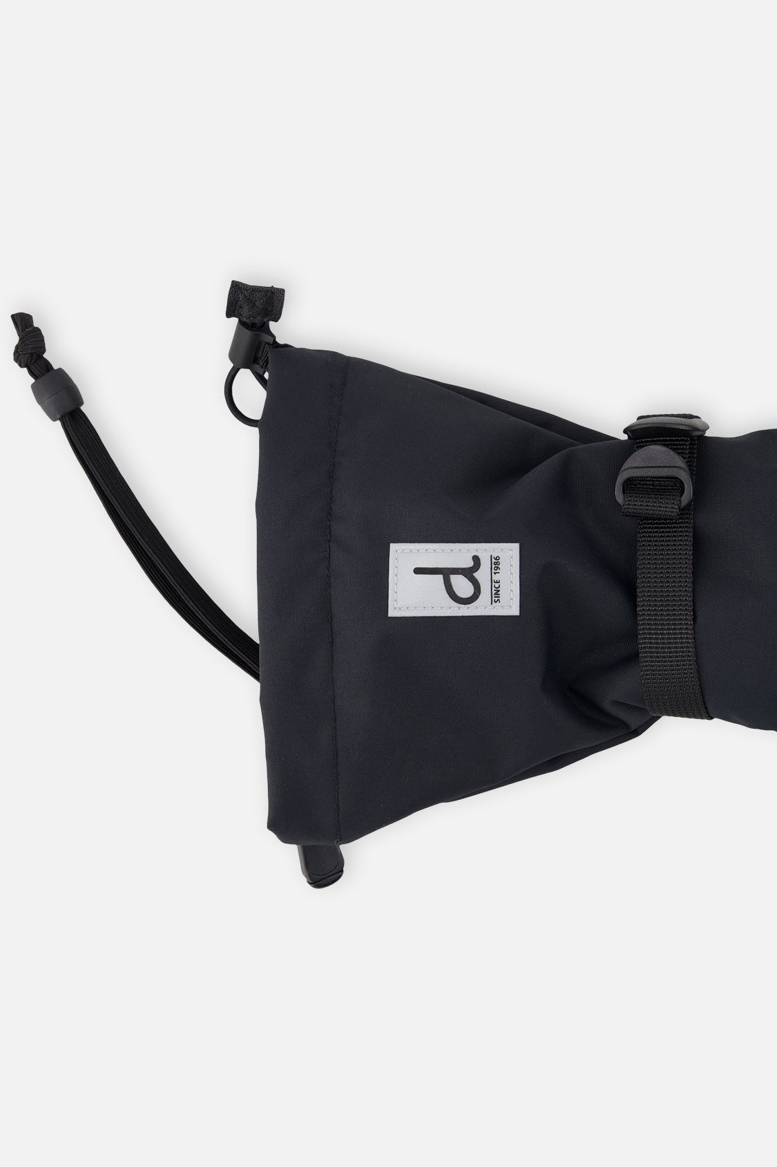 Side of the black Teknik glove cuff with the drawcord, wrist strap and Deux par Deux label