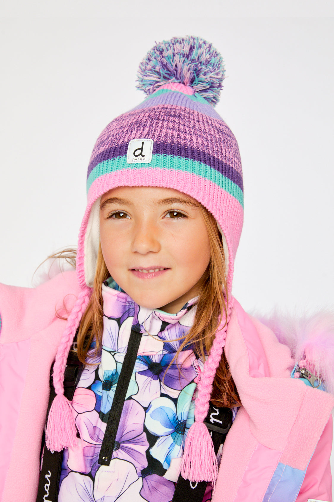 Winter Peruvian Knit Hat With Pompom Mauve And Blue Jacquard-2