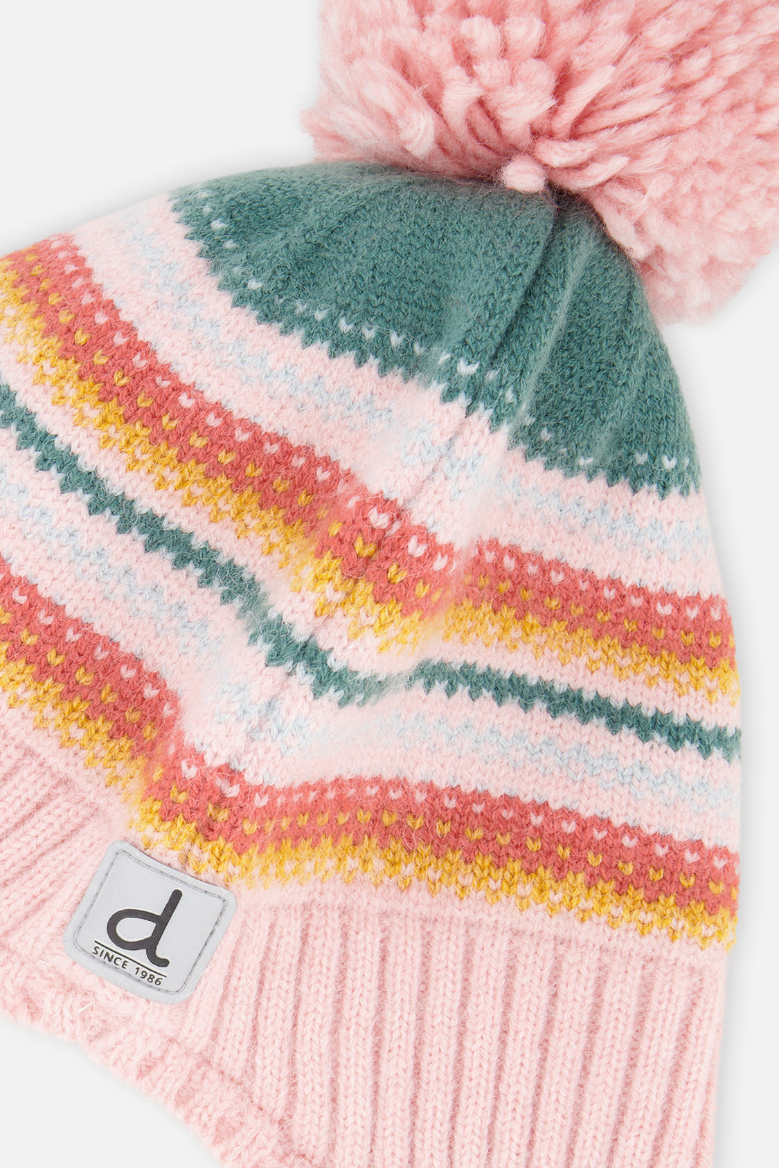 Deux par Deux Baby Winter Peruvian Knit Hat With Pompom Pink And Green Jacquard