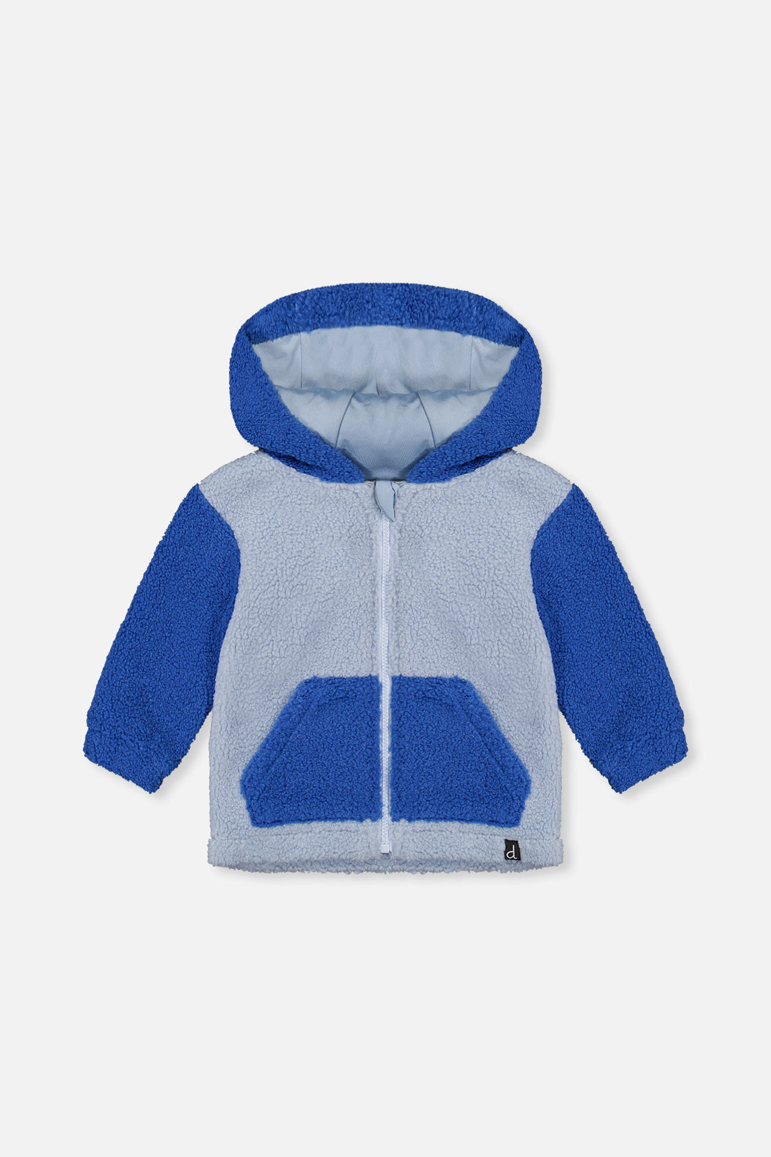 Two-tone blue sherpa hooded jacket for baby boys by Deux par Deux, front view with kangaroo pocket