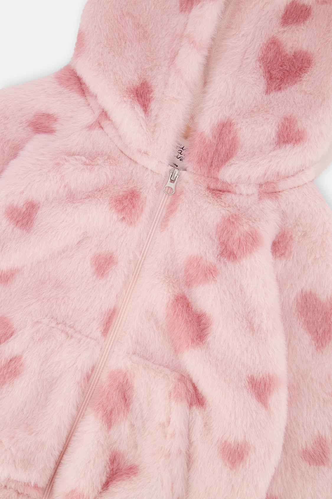 Baby Hooded Full Zip Faux Fur Jacket Pink Printed With Hearts-2