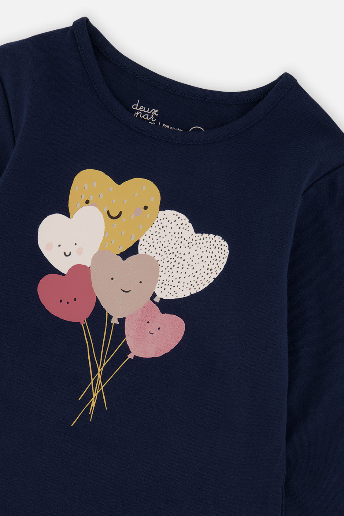 Deux par Deux girls royal blue organic cotton t-shirt with pink heart balloons, view 6