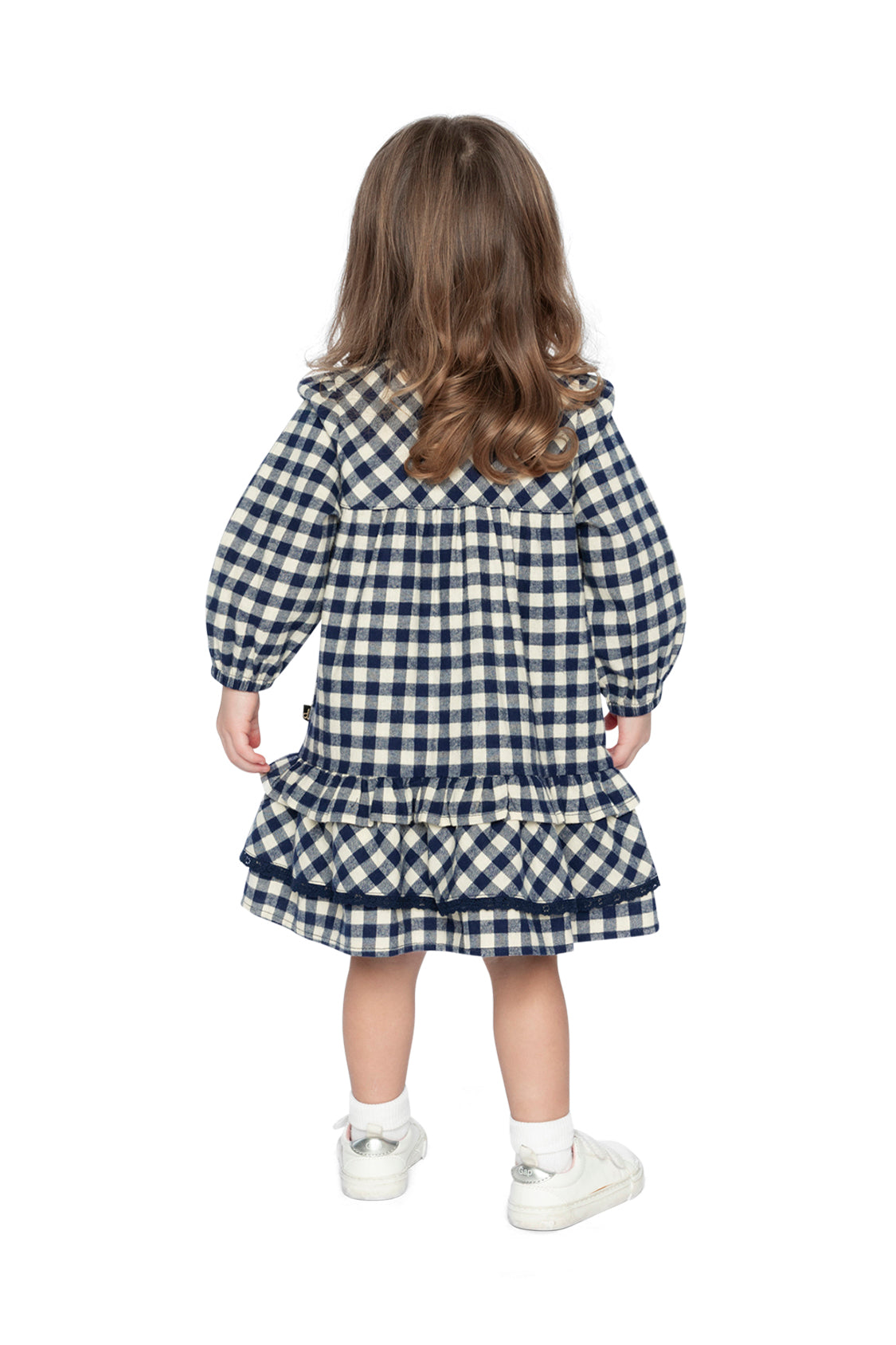 Child wearing the Deux par Deux gingham shirt dress, back view