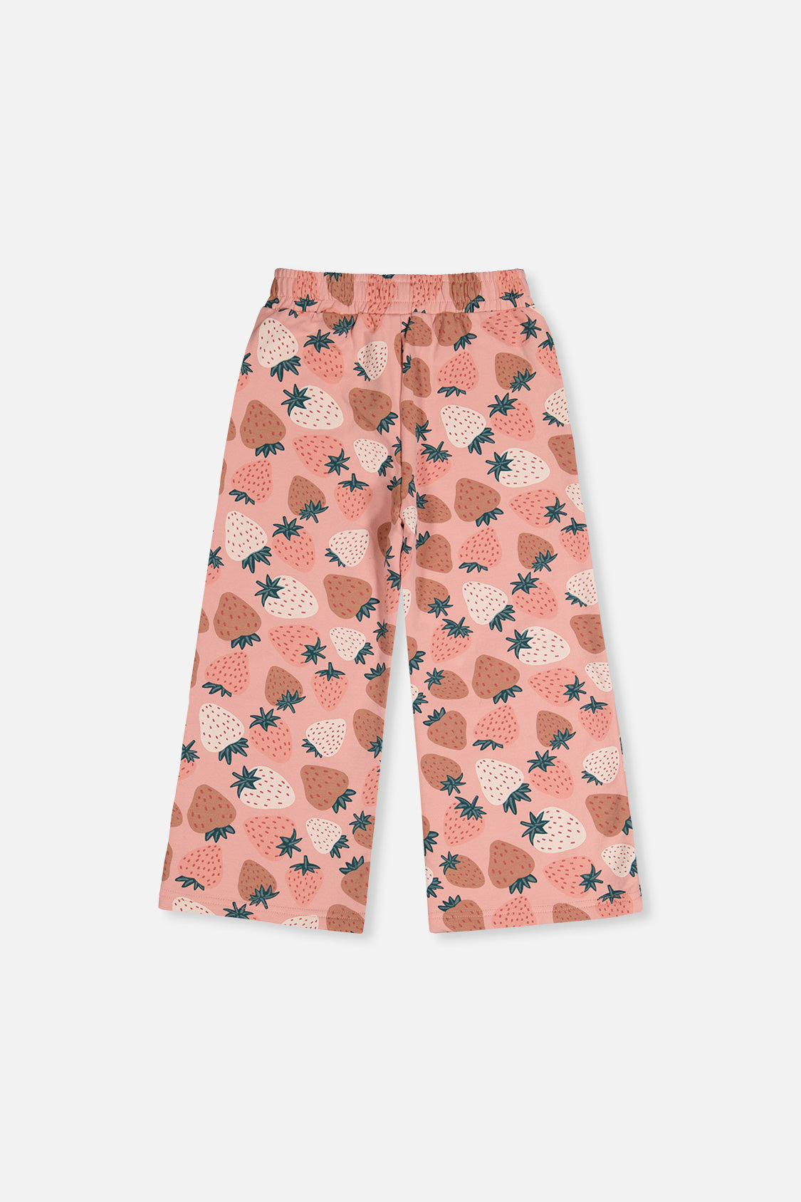 Deux par Deux wide leg sweatpants in pink strawberry print, back view