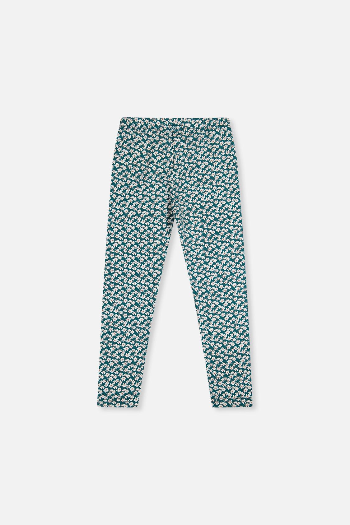 Deux par Deux girls teal daisy print leggings, back view laid flat