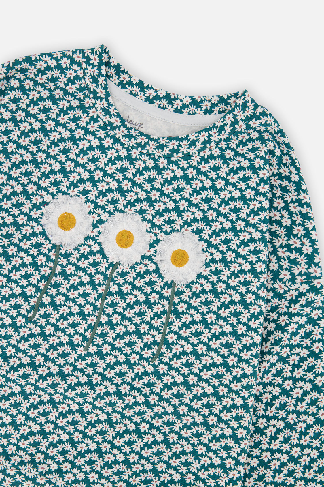 Deux par Deux girls' printed jersey long sleeve t-shirt in green floral print, view 6