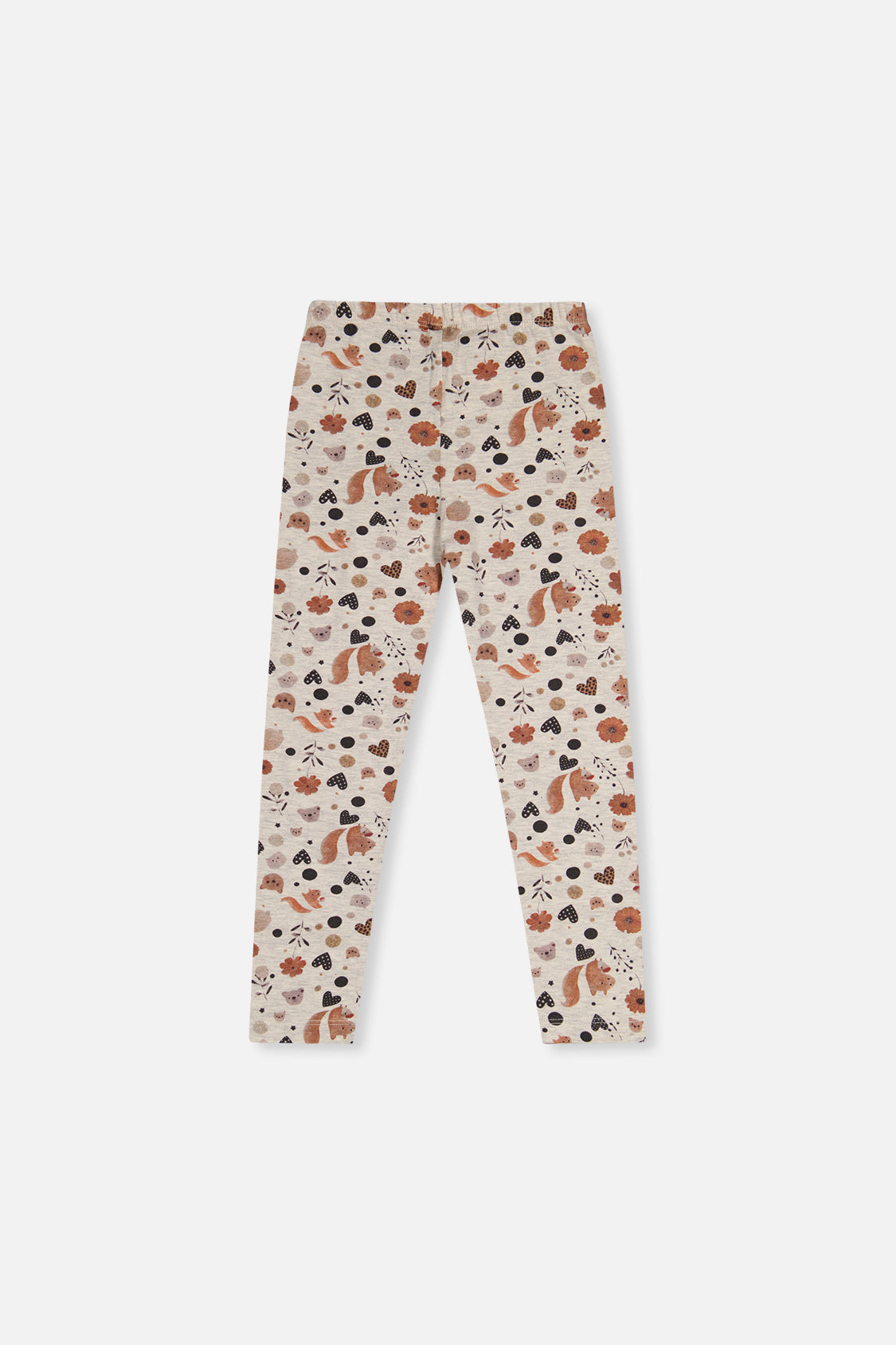 Deux par Deux girls oatmeal beige squirrel print leggings, back view laid flat