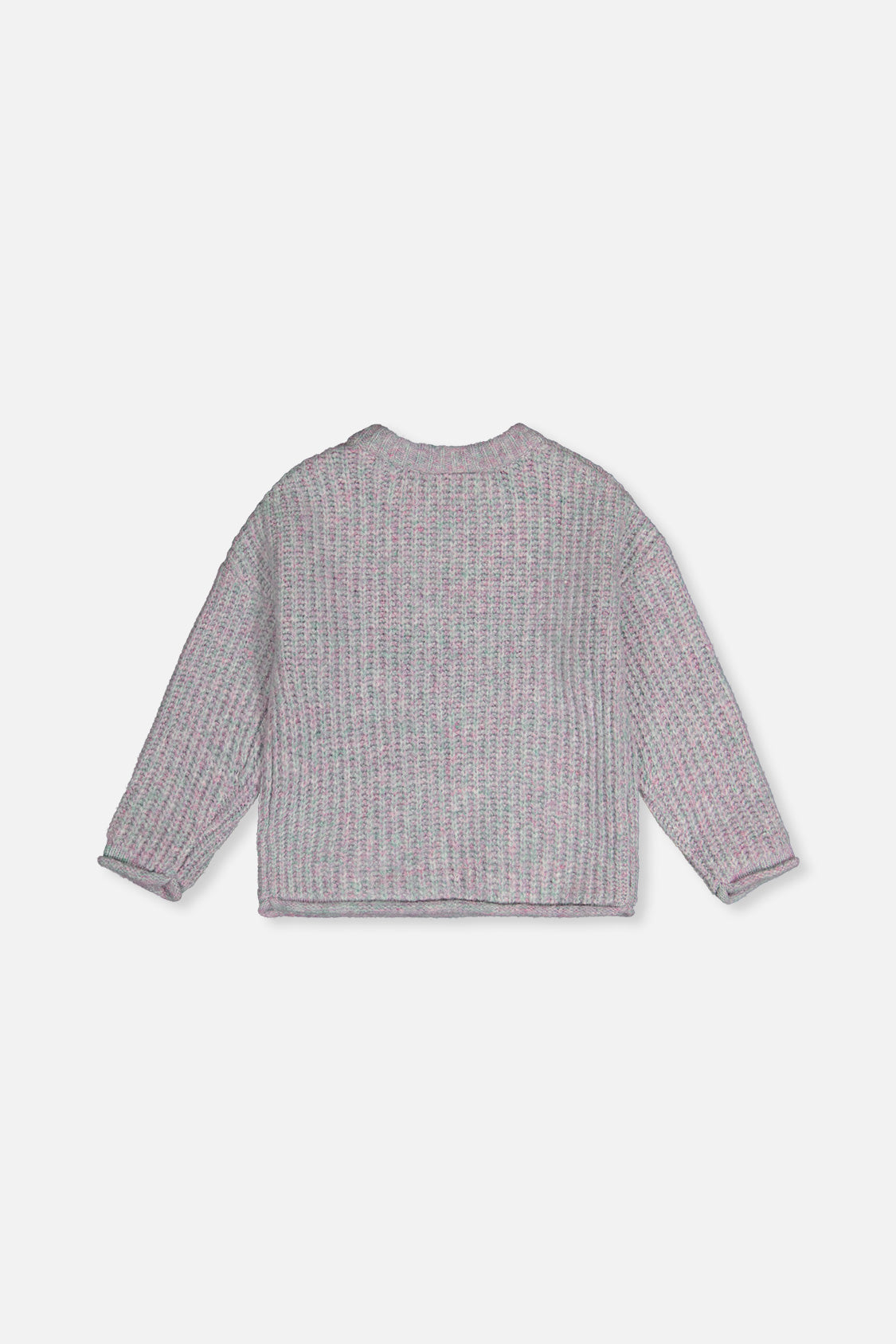 Deux par Deux marled lilac and grey knit sweater, flat lay back view
