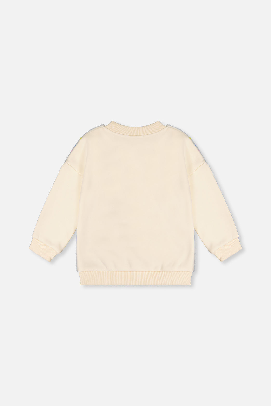 Back view of the Deux par Deux off-white confetti pullover laid flat