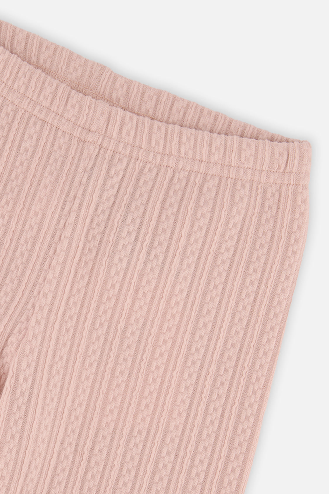 Close-up of the ribbed jacquard pattern and waistband on the Deux par Deux dusty pink leggings