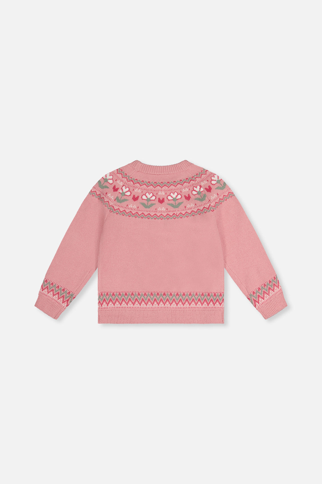 Back view of the Deux par Deux dusty pink flower jacquard sweater laid flat