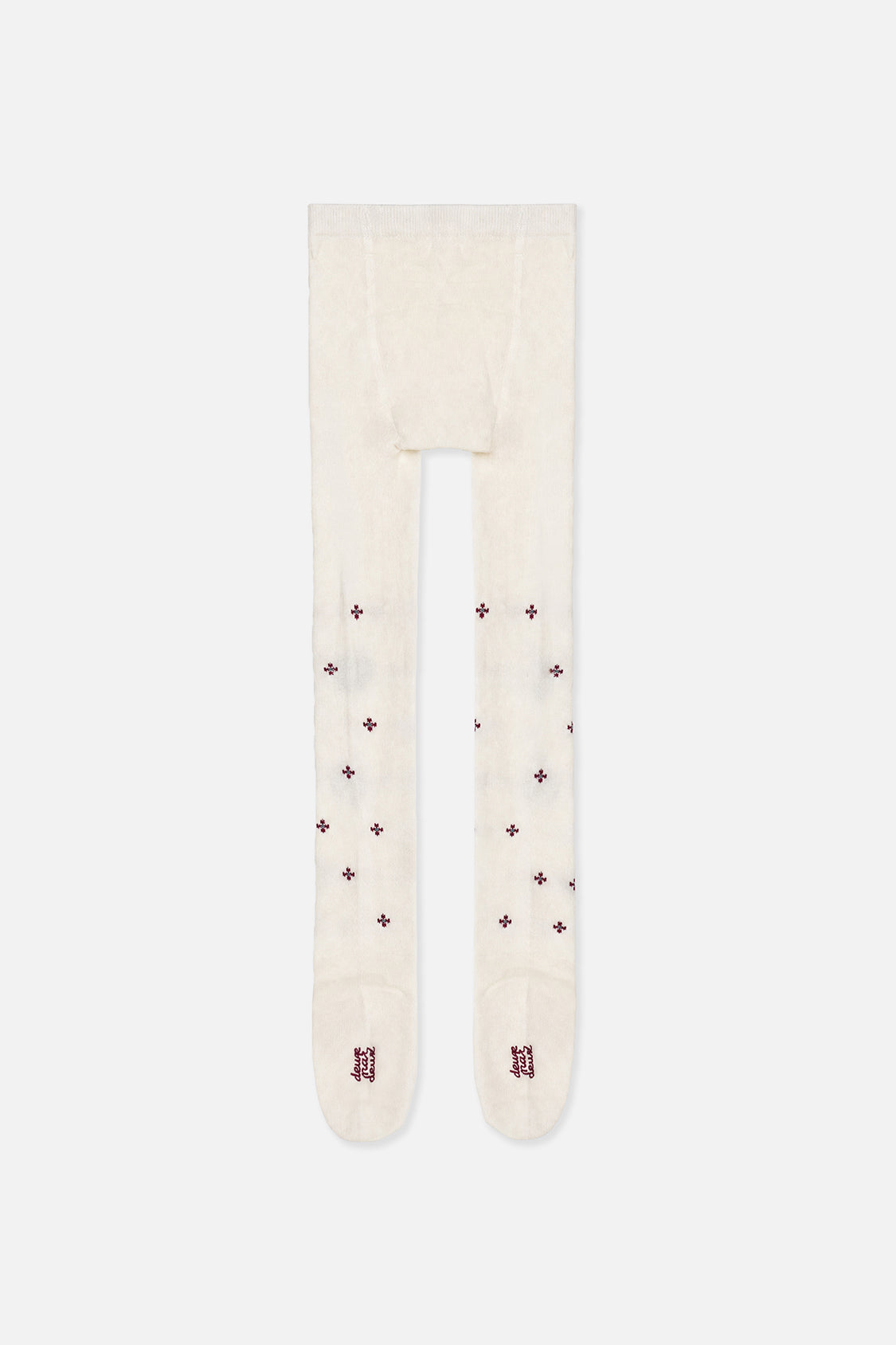 Cream knit tights with burgundy flowers, back view