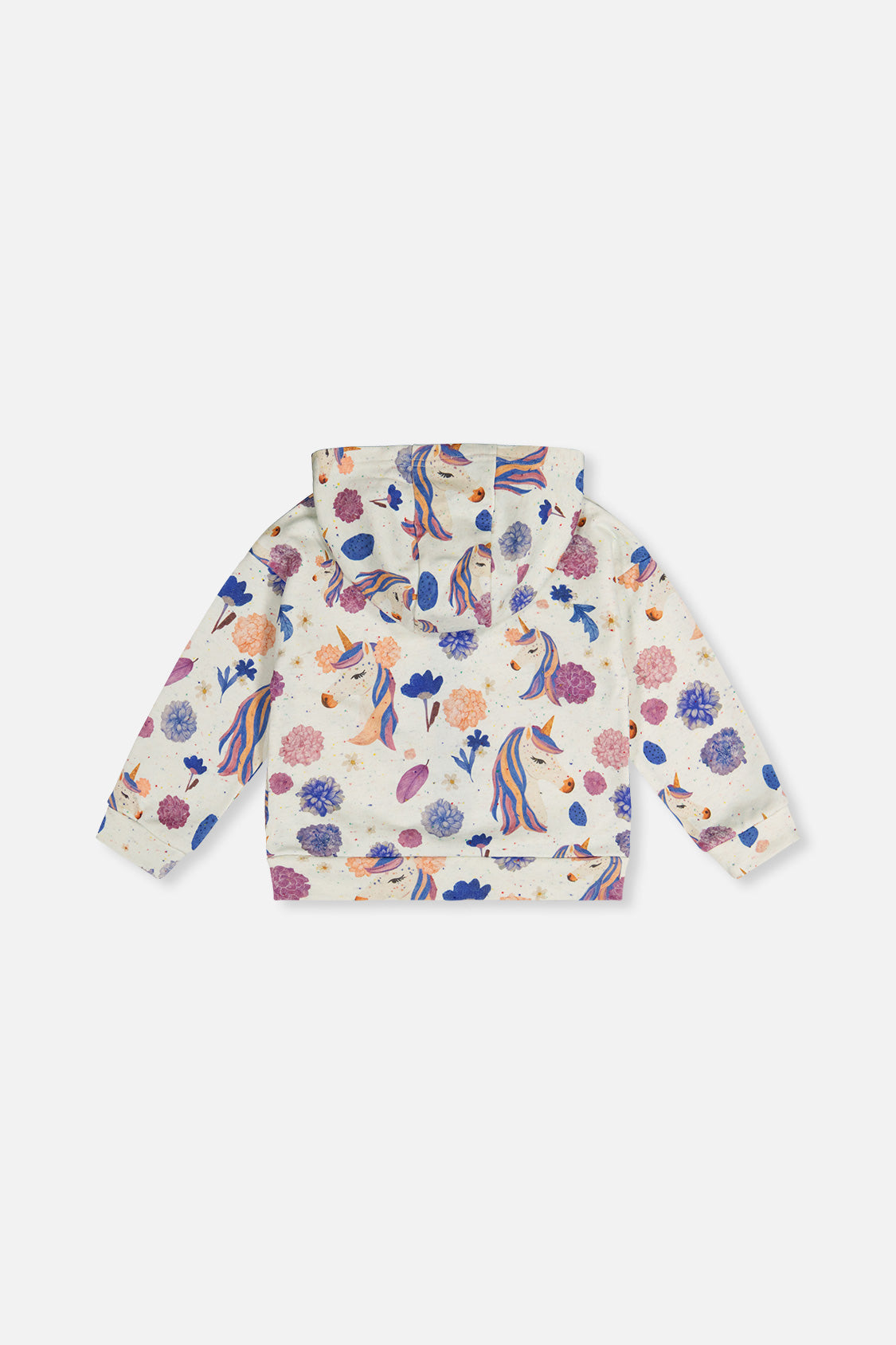 Deux par Deux beige unicorn print hooded zip cardigan, back view