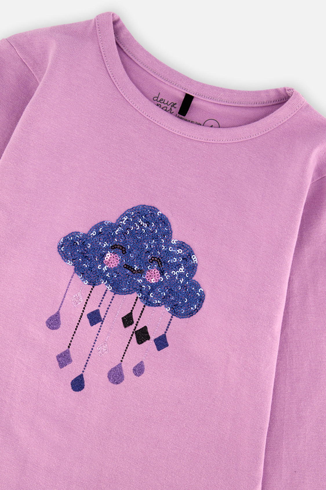 Close-up of the sequin cloud with hanging drop shapes and the crew neckline on the violet Deux par Deux tee